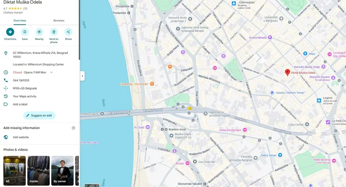 Mapa: Diktat Muška Odela, Kneza Mihaila 21 A, Beograd
